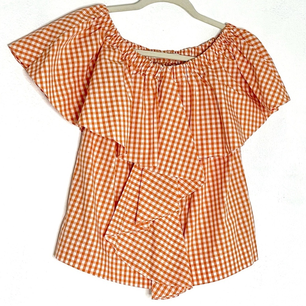 Uterqüe Orange White Gingham Ruffle Off Shoulder top. Cottage Size Small.